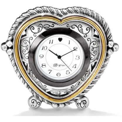 Brighton heart-shaped desk clock with two-tone silver and gold scrollwork frame and beaded feet on a white background