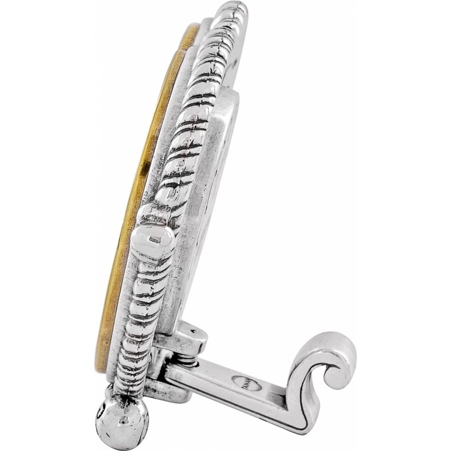 Brighton frame shown from the side with two-tone silver rope detail, gold inner border, and easel stand on a white background