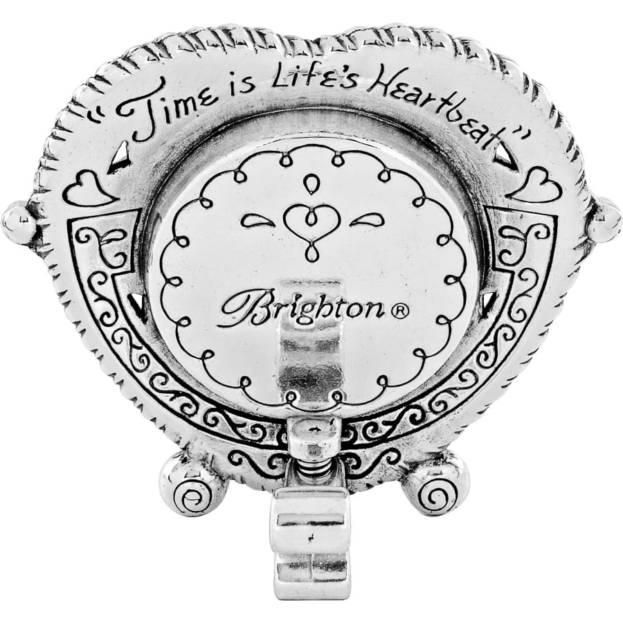Brighton heart-shaped compact mirror shown from the back with engraved Time is Life's Heartbeat inscription on a white background