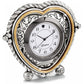 Brighton heart-shaped desk clock with two-tone silver and gold scrollwork frame and Arabic numerals on a white background