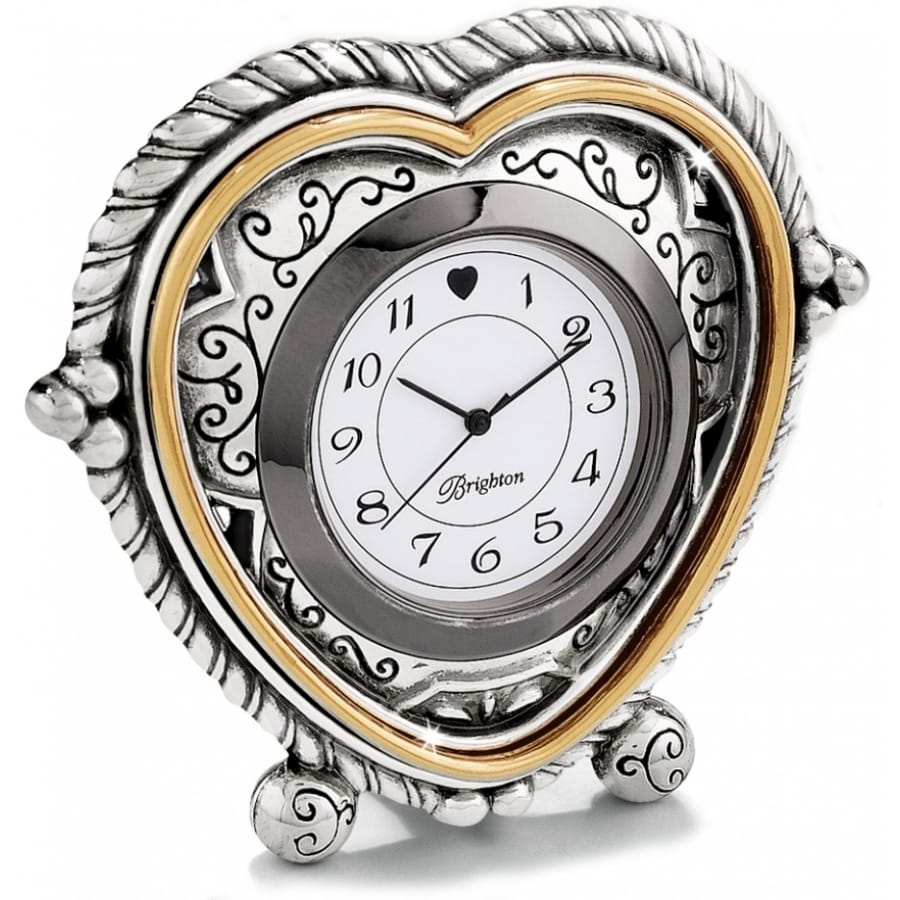 Brighton heart-shaped desk clock with two-tone silver and gold scrollwork frame and Arabic numerals on a white background