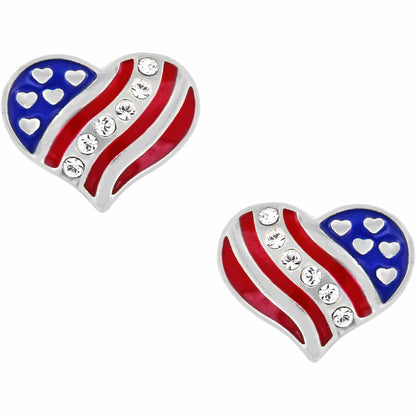 Brighton stud earrings shaped like American flag hearts with red enamel stripes, blue field, and crystal accents on a white background
