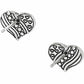 Brighton silver-plated heart stud earrings with engraved stripes, dots, and small heart motifs on a white background
