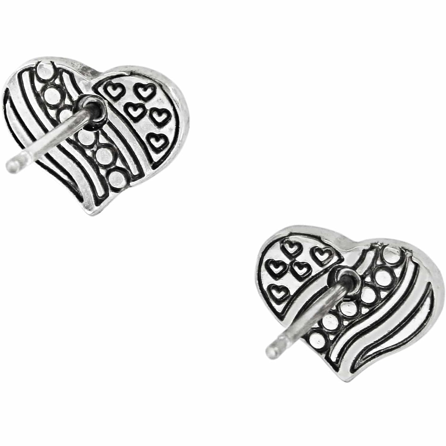 Brighton silver-plated heart stud earrings with engraved stripes, dots, and small heart motifs on a white background