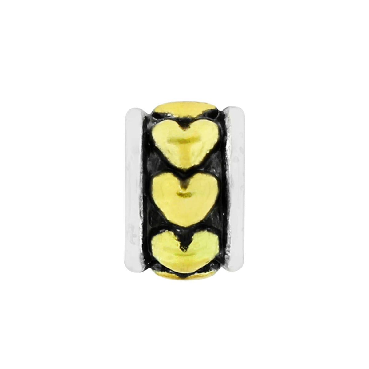 Brighton charm bead with three gold-tone hearts and silver-tone bordered edges on a white background