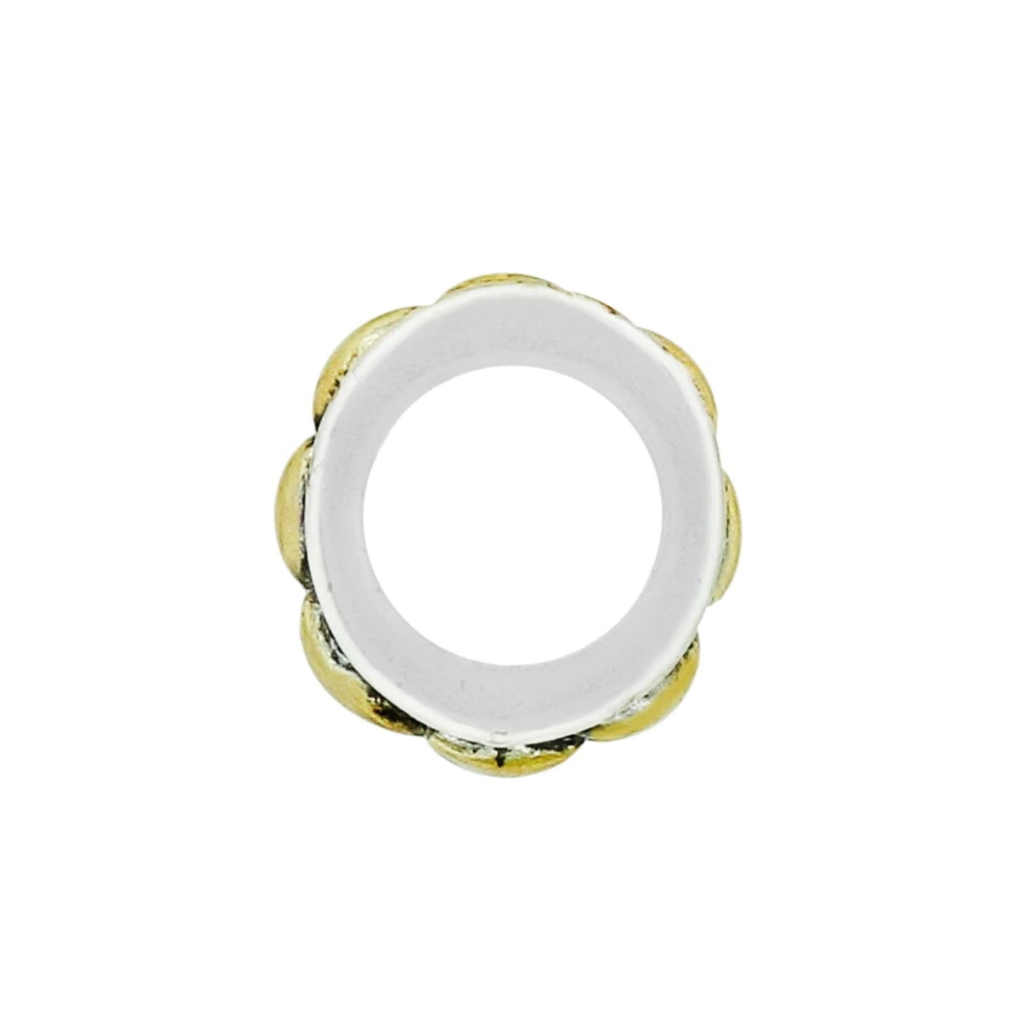 Brighton spacer charm bead with white enamel center and scalloped gold-tone edge on a white background