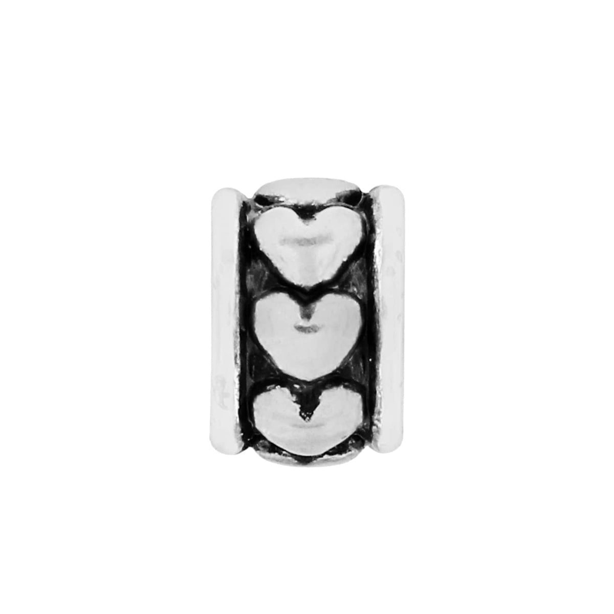 Brighton charm bead with three raised heart motifs and silver-tone ridged end caps on a white background