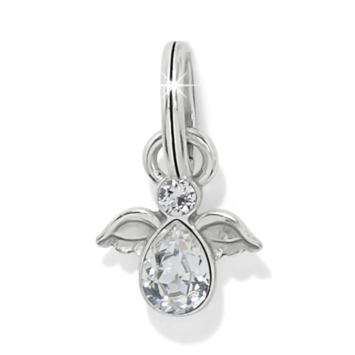 Brighton angel charm with silver-plated wings, teardrop crystal body, and small round crystal head on a white background