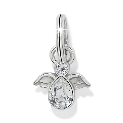 Brighton angel charm with silver-plated wings, teardrop crystal body, and small round crystal head on a white background
