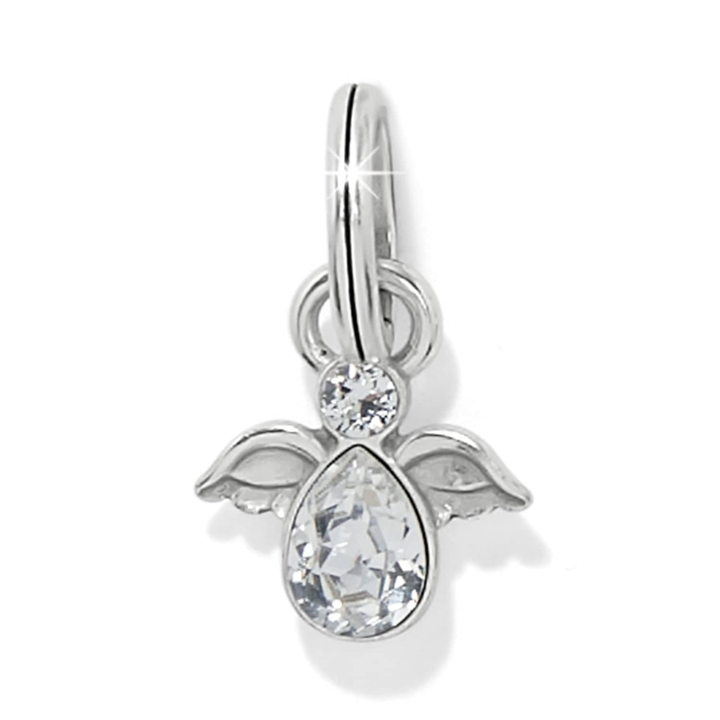 Brighton angel charm with silver-plated wings, teardrop crystal body, and small round crystal head on a white background