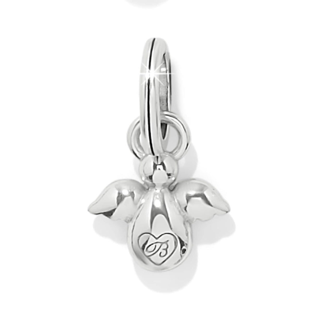 Brighton angel charm with silver-plated wings and engraved heart emblem on body on a white background