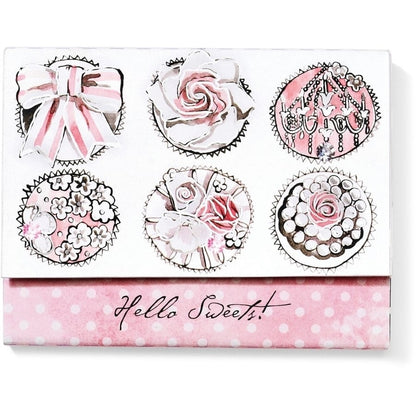 Brighton note card box with illustrated pink cupcakes and Hello Sweets script on polka dot band on a white background