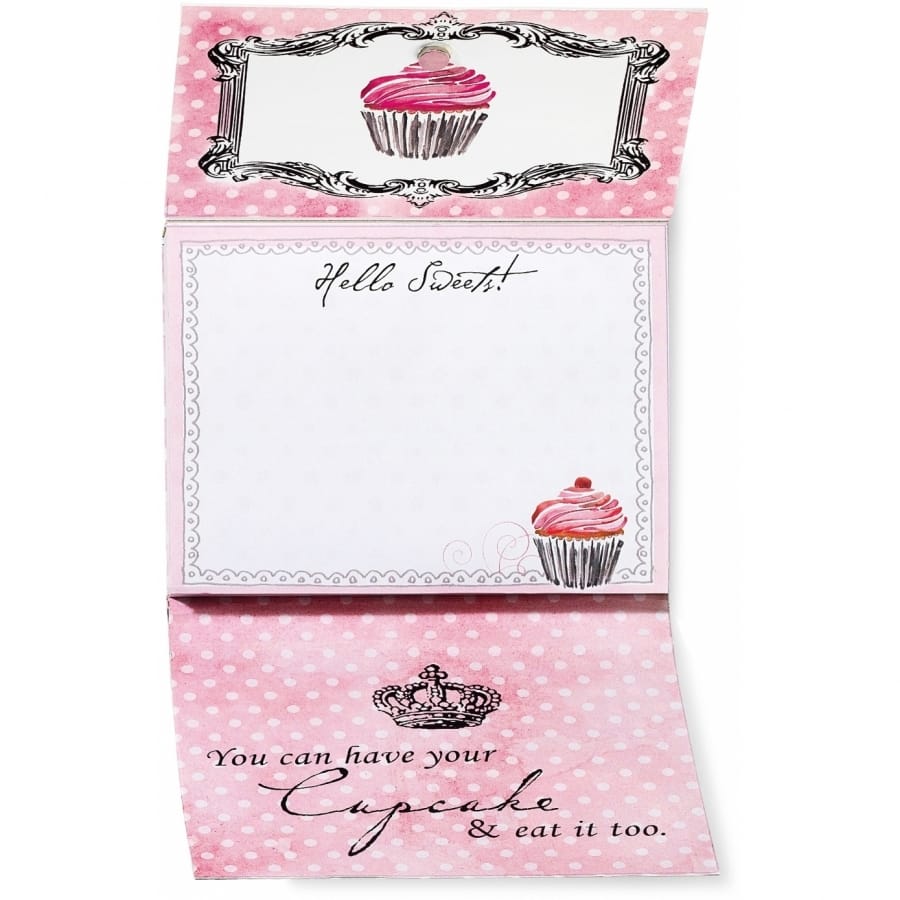 Brighton pink polka dot greeting card with cupcake illustrations, ornate frame, and Hello Sweets message on a white background