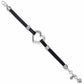 Brighton bracelet with black cords, silver-plated scrollwork stations, open heart centerpiece, and heart charm on a white background