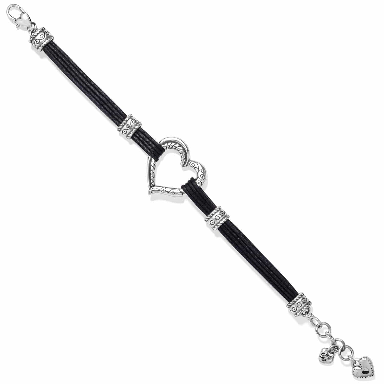 Brighton bracelet with black cords, silver-plated scrollwork stations, open heart centerpiece, and heart charm on a white background