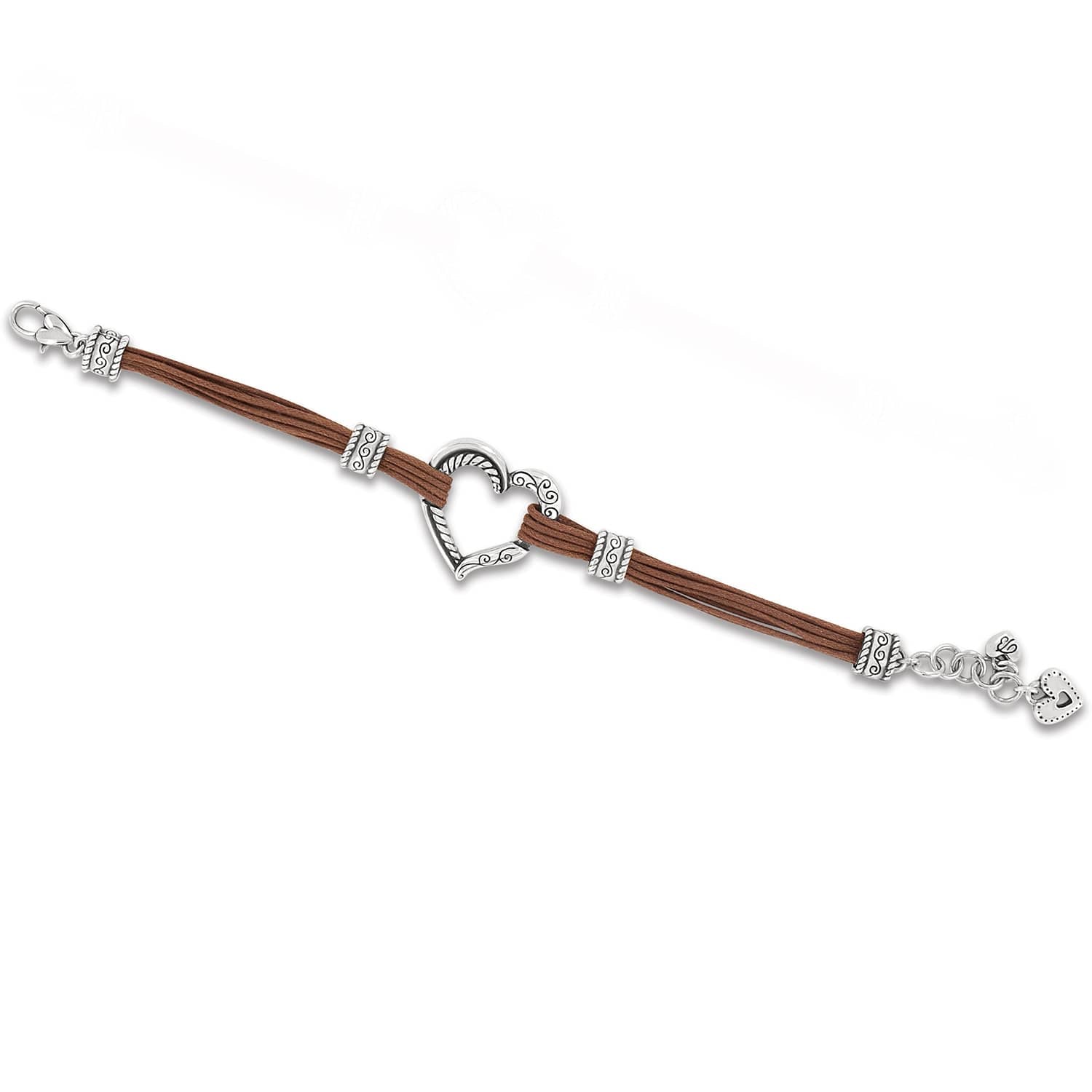 Brighton bracelet with brown corded strands, silver-plated heart centerpiece, decorative barrel accents, and lobster clasp on a white background