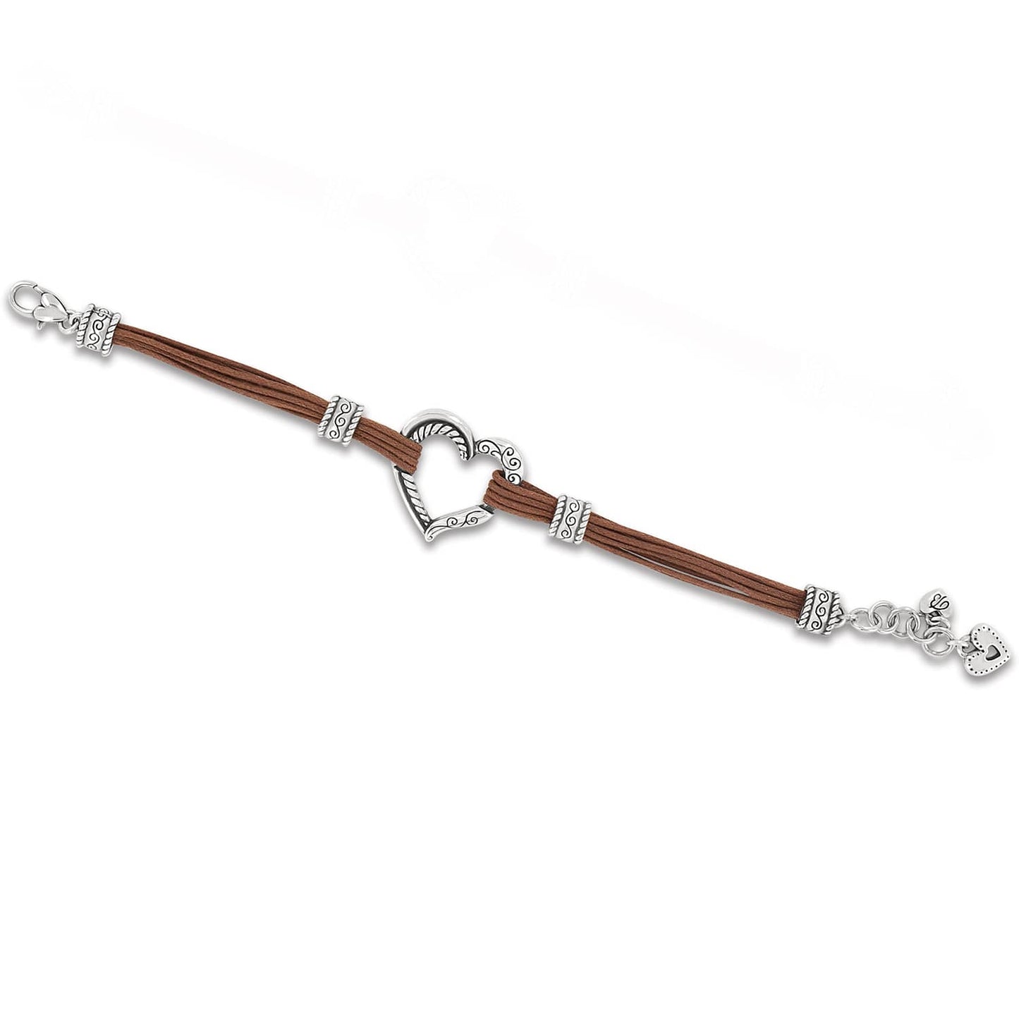 Brighton bracelet with brown corded strands, silver-plated heart centerpiece, decorative barrel accents, and lobster clasp on a white background