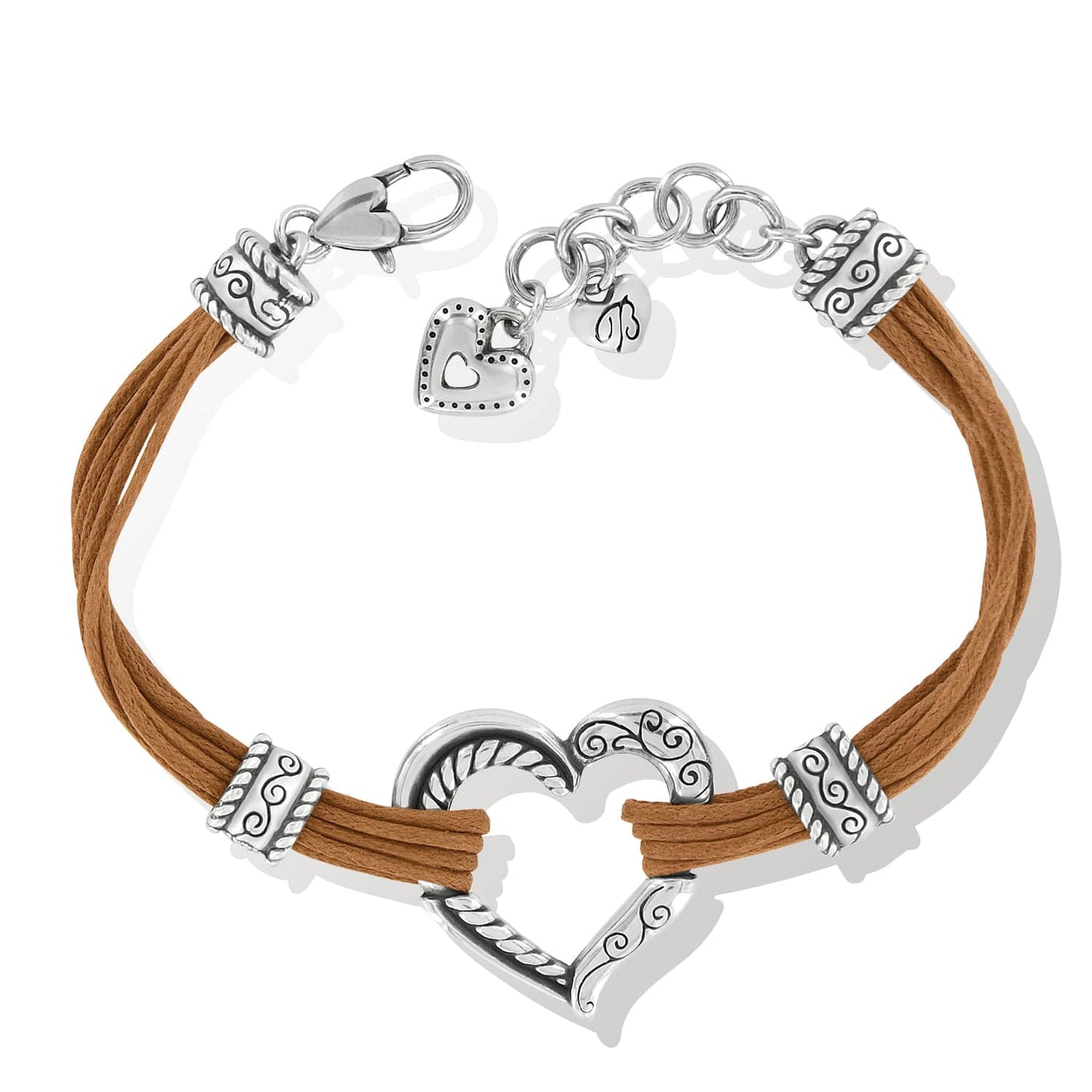 Brighton bracelet with brown cord strands, silver-plated heart centerpiece, scroll accents, and lobster clasp on a white background