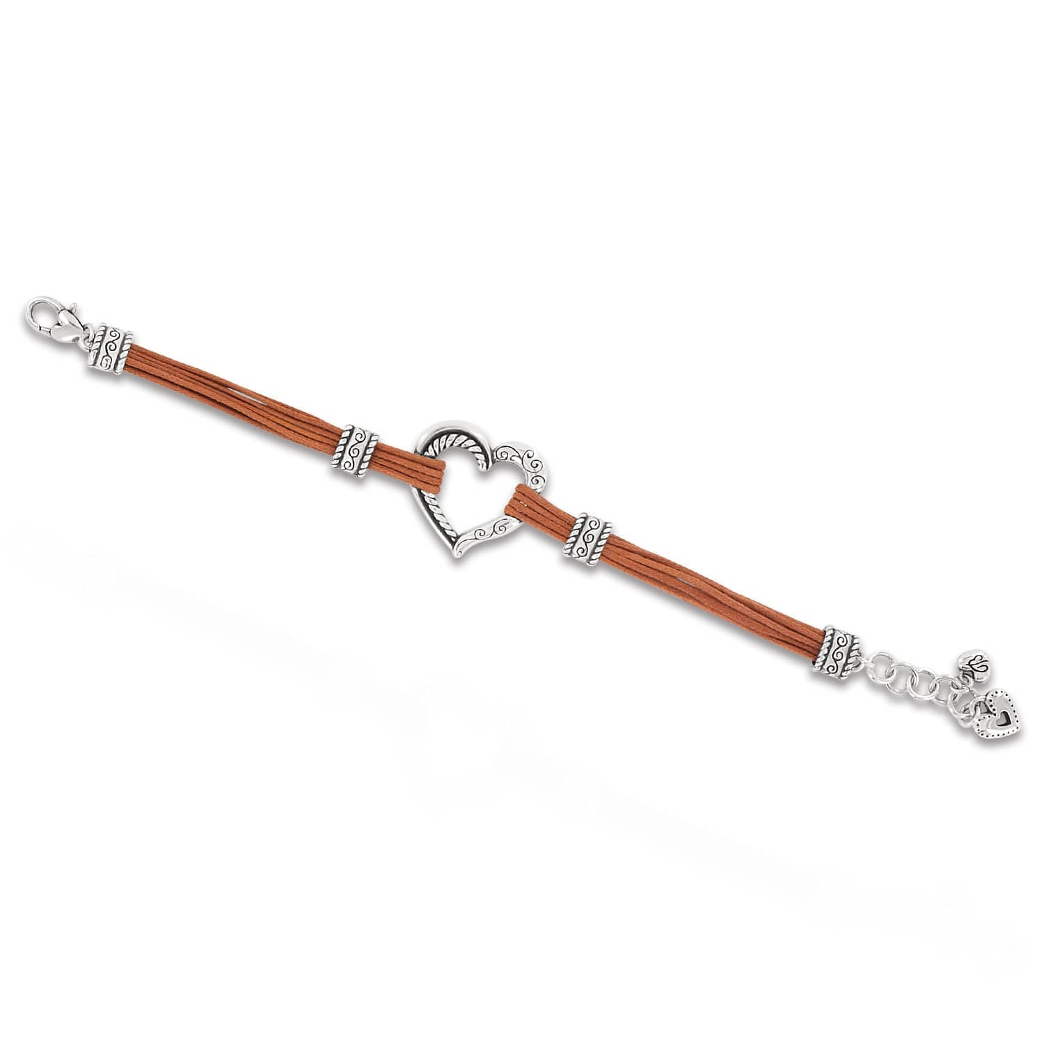 Brighton bracelet with brown multi-strand cords, silver-plated heart centerpiece, decorative barrel accents, and heart charms on a white background