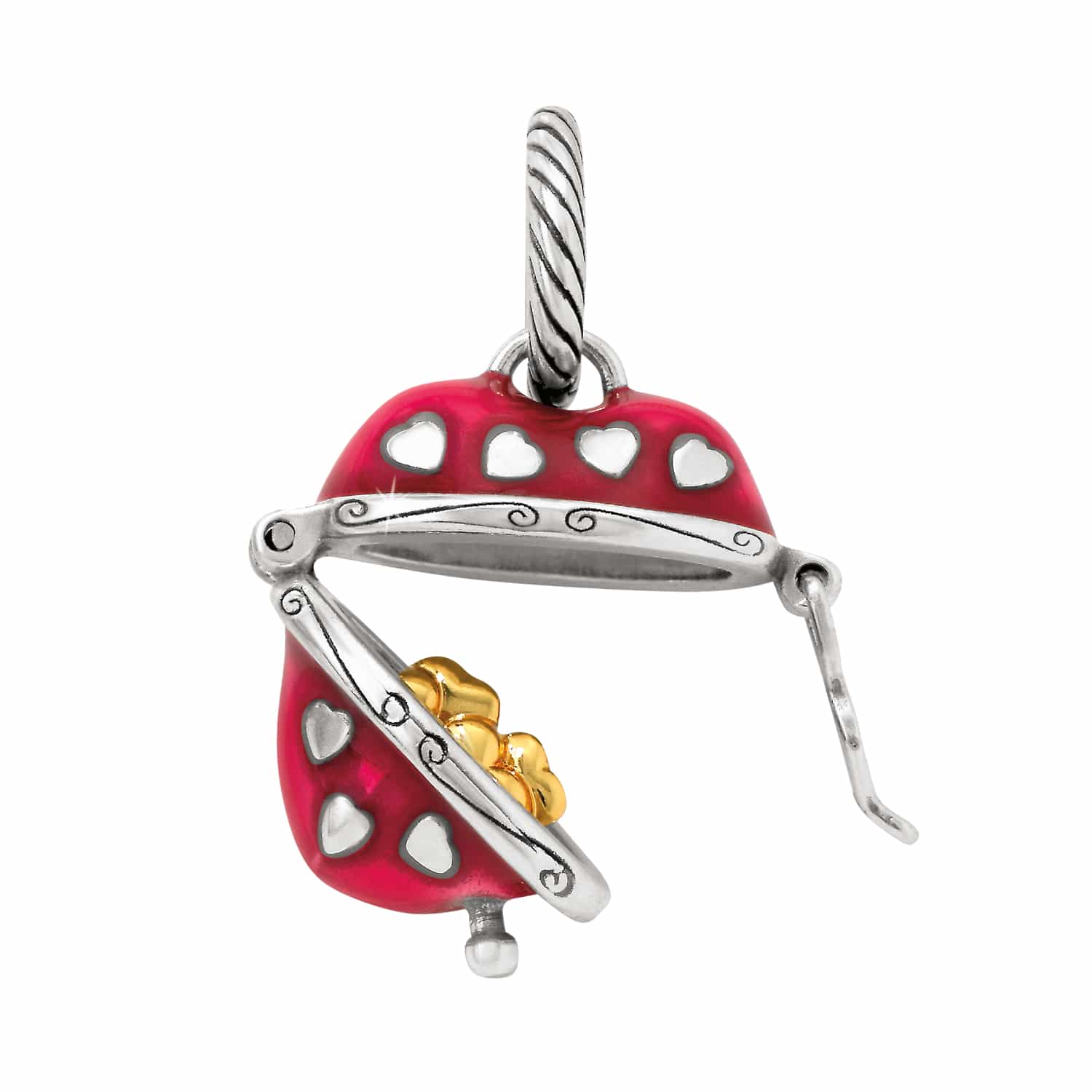 Brighton ladybug charm shown open with red enamel wings, heart details, and gold flower inside on white background