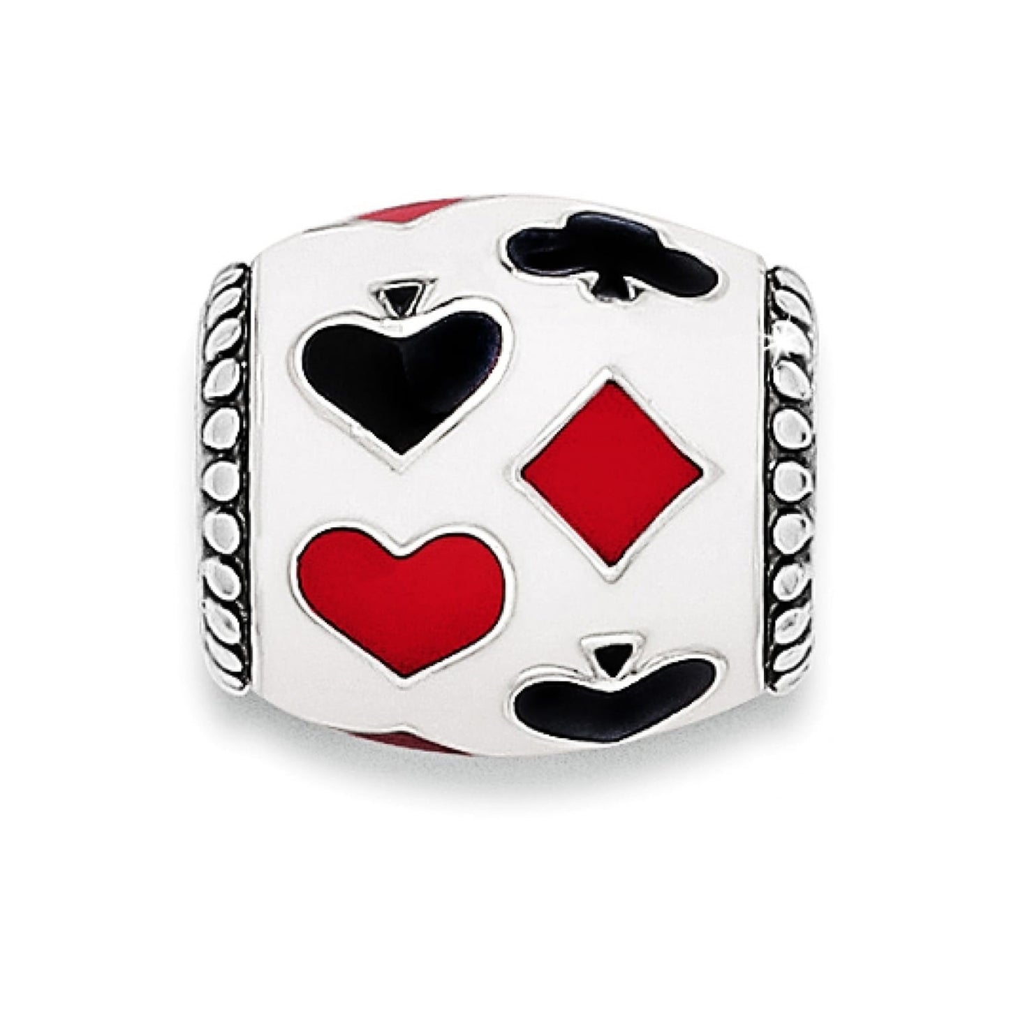 Brighton charm bead with red and black enamel card suit symbols and silver-tone beaded trim on a white background