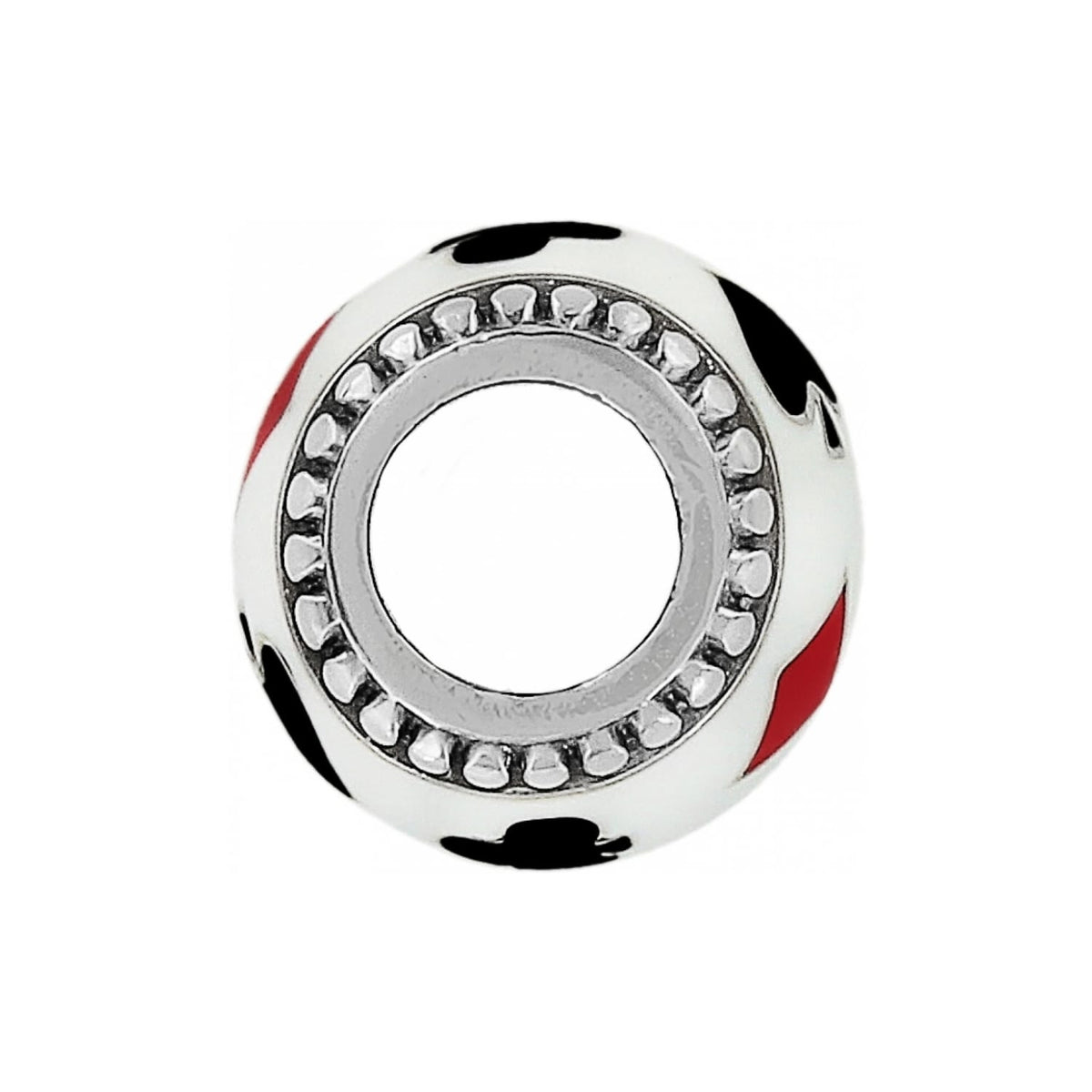 Brighton charm bead with white, black, and red enamel finish and silver-tone beaded core on a white background