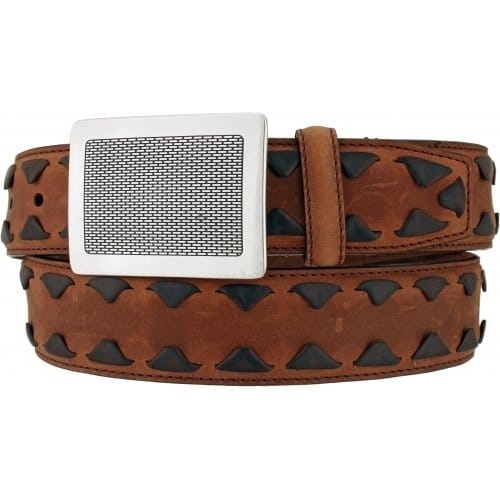 Brighton brown leather belt with black woven laced edges and rectangular silver-tone textured buckle on a white background