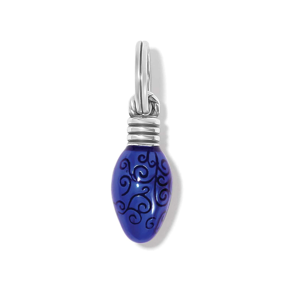 Brighton charm shaped like a blue enamel Christmas light bulb with swirl pattern and silver-plated cap on a white background