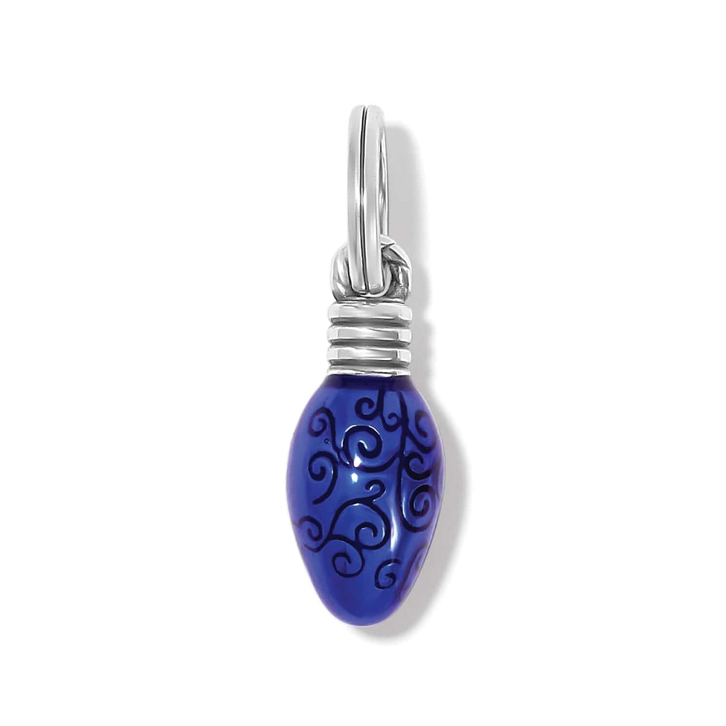 Brighton charm shaped like a blue enamel Christmas light bulb with swirl pattern and silver-plated cap on a white background
