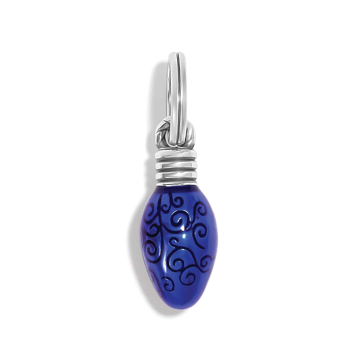 Brighton charm shaped like a blue enamel Christmas light bulb with swirl details and silver-plated cap on a white background