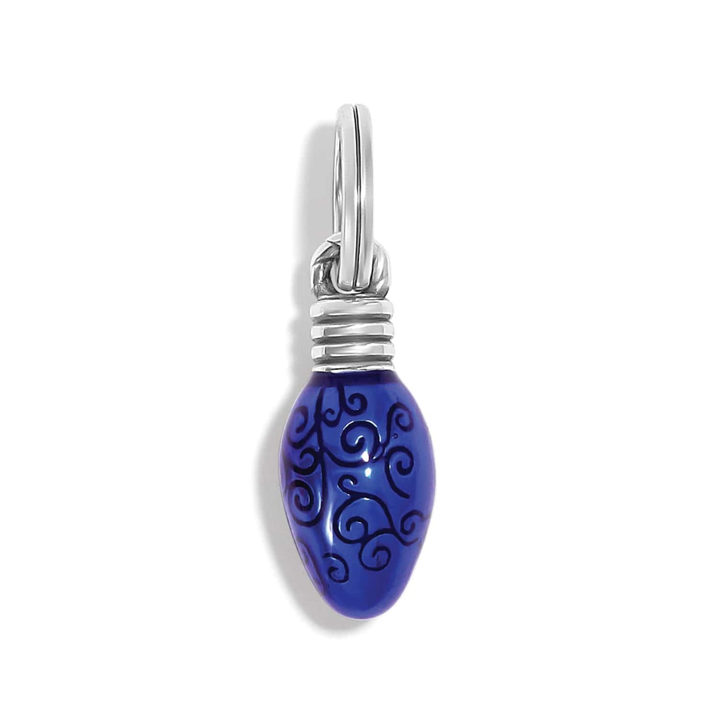 Brighton charm shaped like a blue enamel Christmas light bulb with swirl details and silver-plated cap on a white background