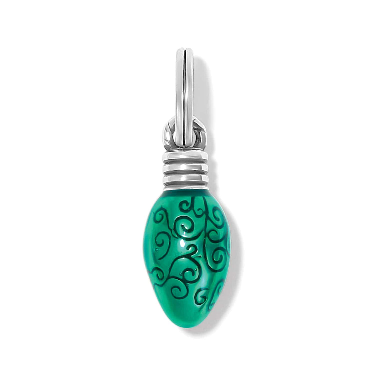 Brighton charm shaped like a green enamel Christmas light bulb with swirl details and silver-plated cap on a white background