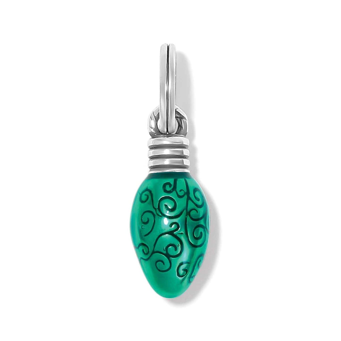 Brighton charm shaped like a green enamel Christmas light bulb with swirl details and silver-plated cap on a white background