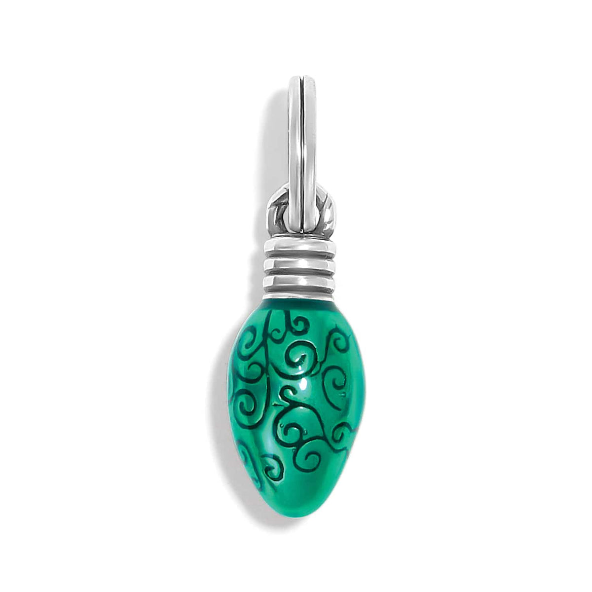 Brighton charm shaped like a green enamel light bulb with swirl pattern and silver-plated cap on a white background