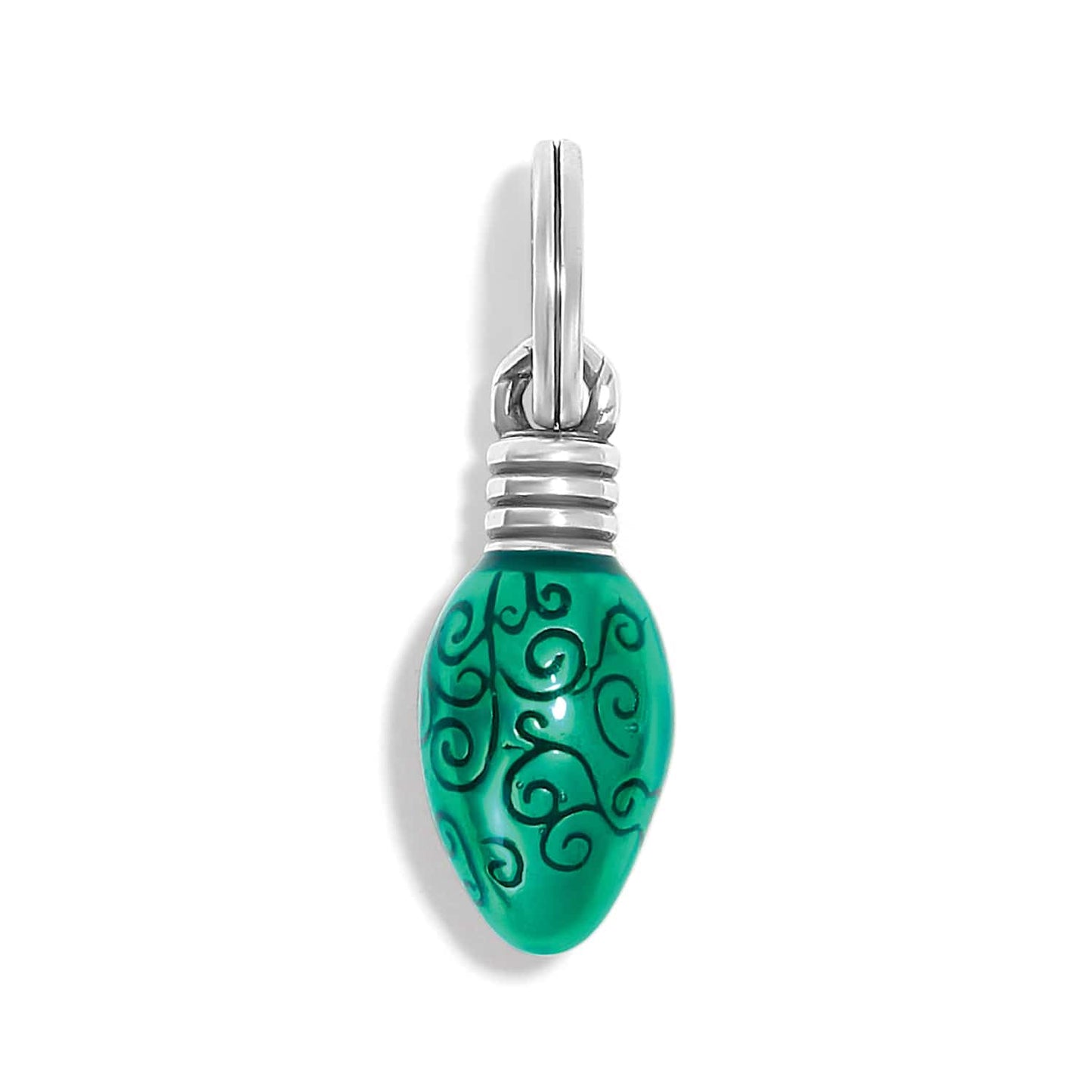 Brighton charm shaped like a green enamel light bulb with swirl pattern and silver-plated cap on a white background