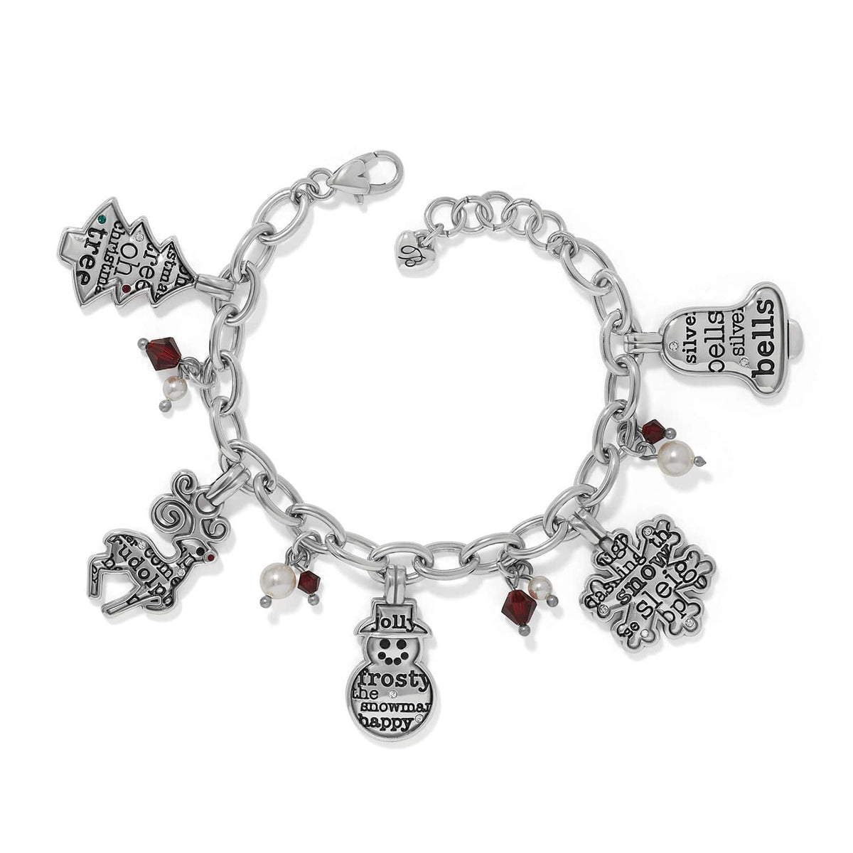 Brighton silver-plated charm bracelet with Christmas tree, reindeer, snowman, bells, glass pearls, and red crystals on a white background