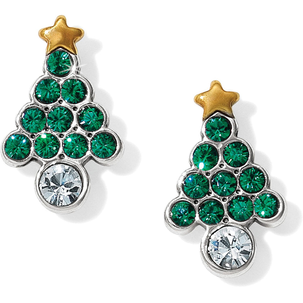 Brighton Christmas tree stud earrings with green crystals, gold-tone star tops, and clear crystal base on a white background