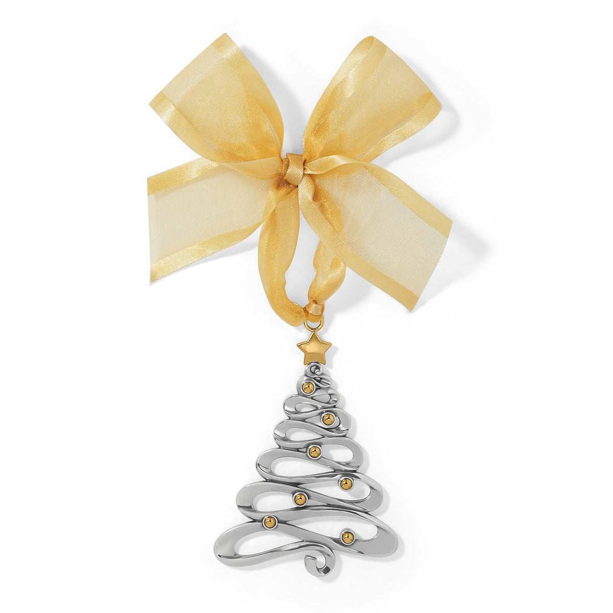 Brighton Christmas tree ornament with silver-tone swirl design, gold-tone bead accents, star, and gold ribbon bow on a white background