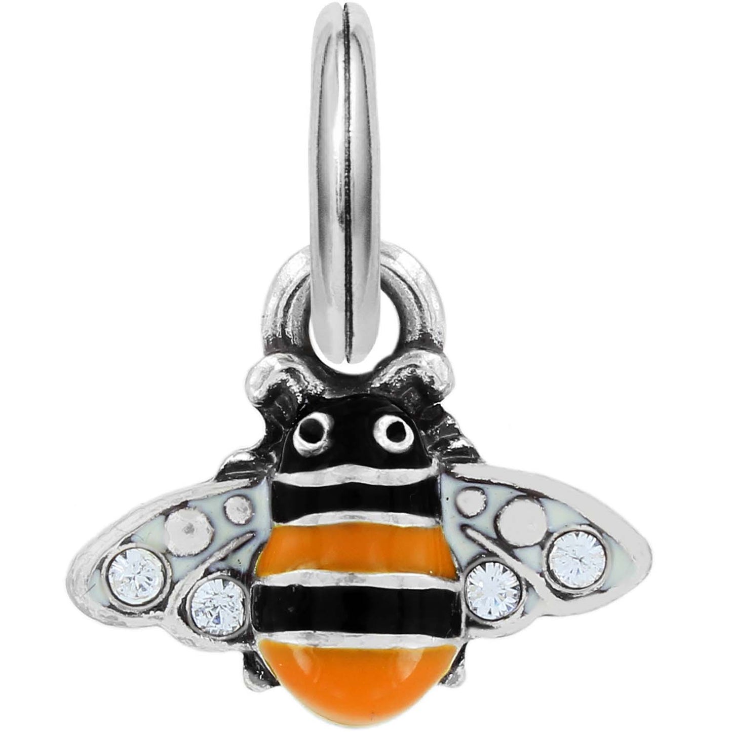 Brighton bee charm with black and orange enamel stripes, crystal-accented wings, and split ring on a white background