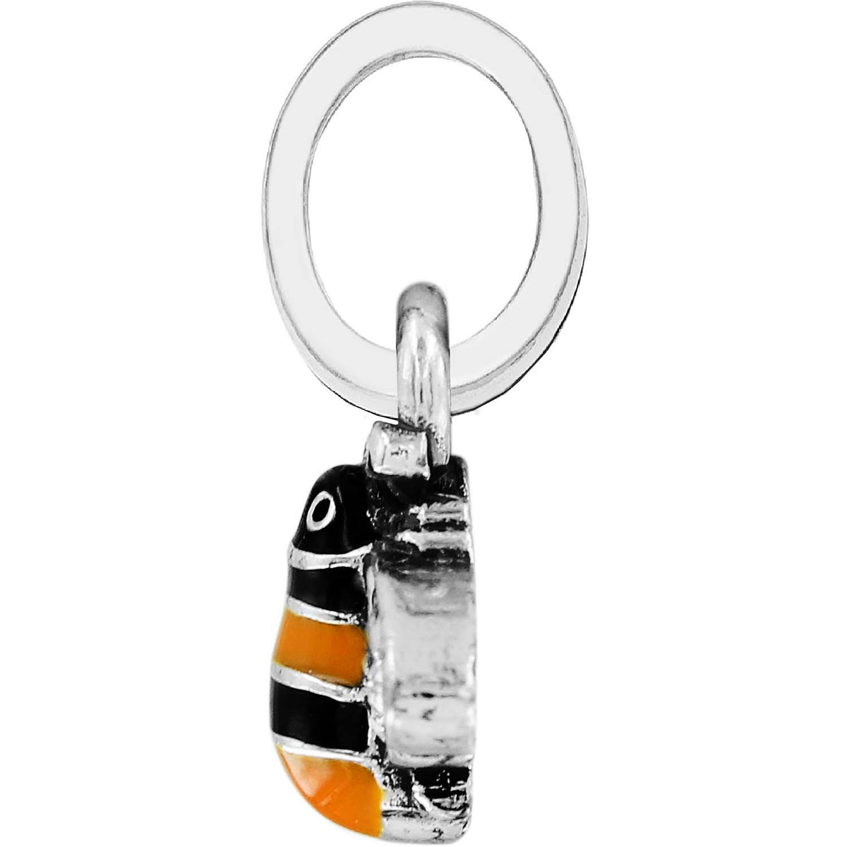 Brighton fish charm with black and orange enamel stripes on silver-tone oval ring shown from side on a white background