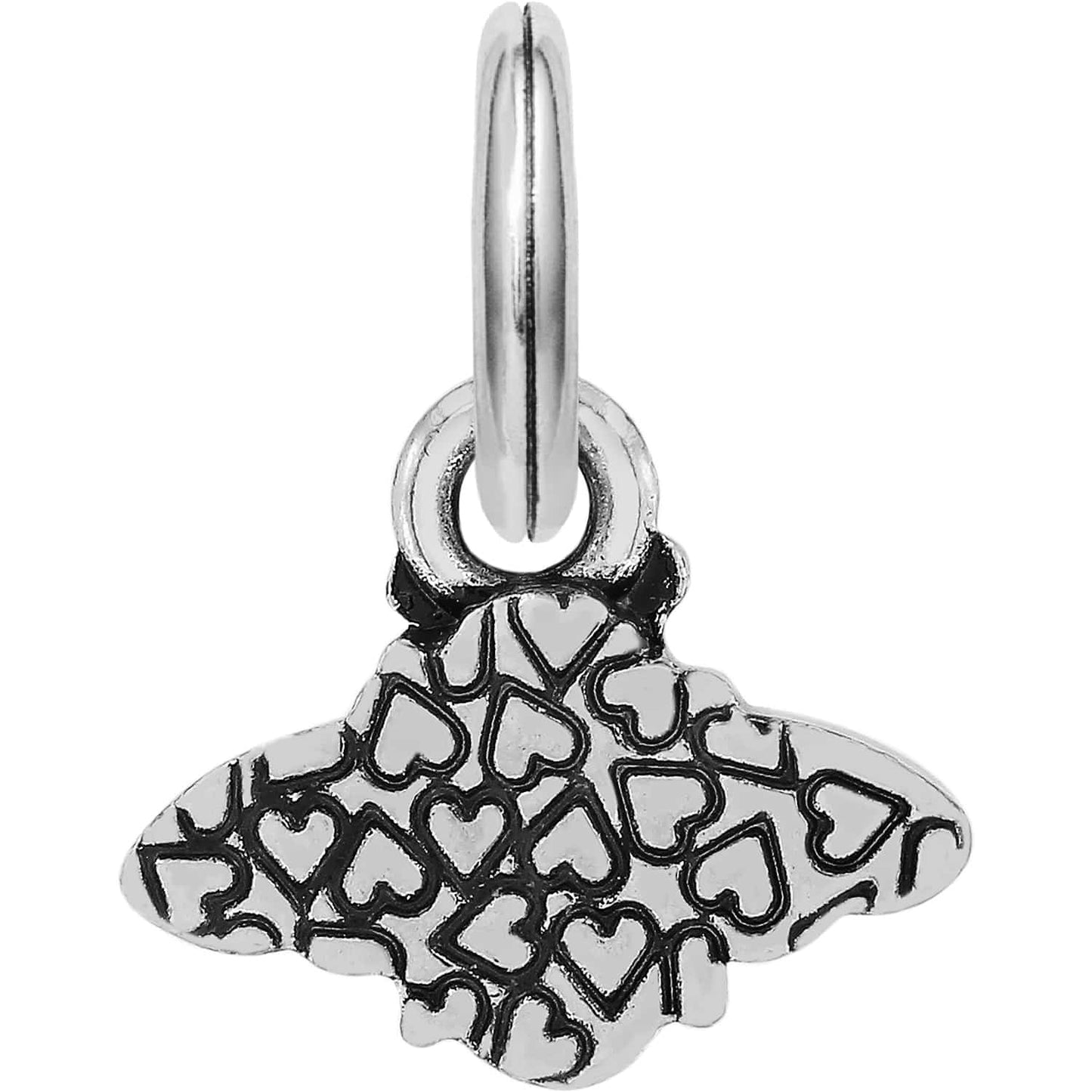 Brighton butterfly charm with allover heart pattern in silver-tone enamel finish and split ring on a white background