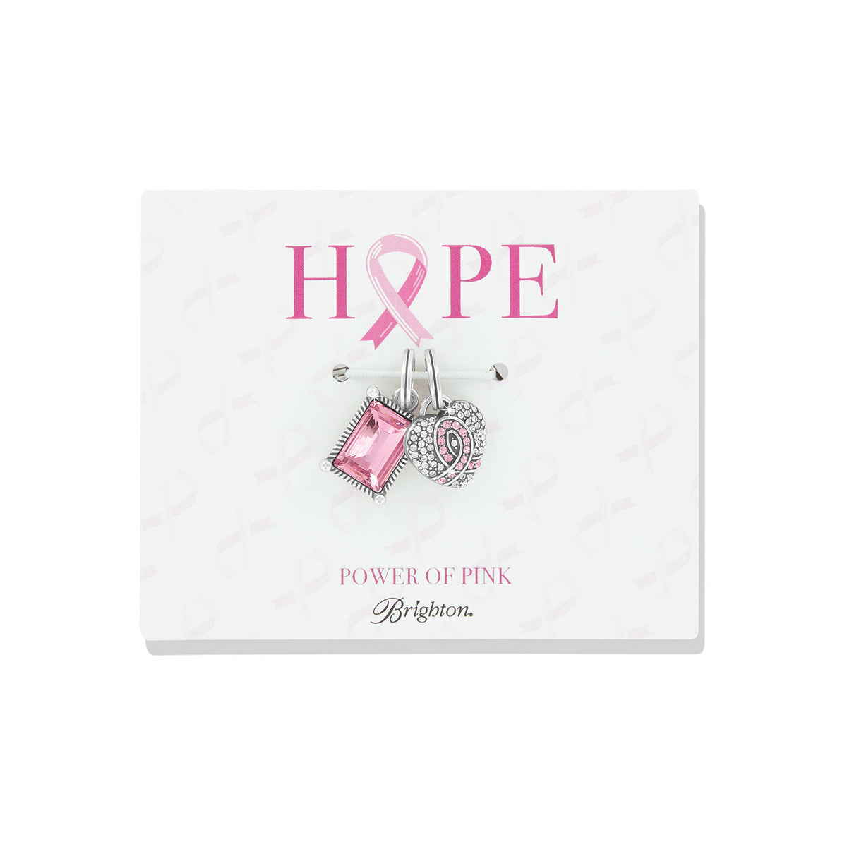 Brighton charm set with pink crystal rectangle and silver-plated crystal heart ribbon on Hope display card