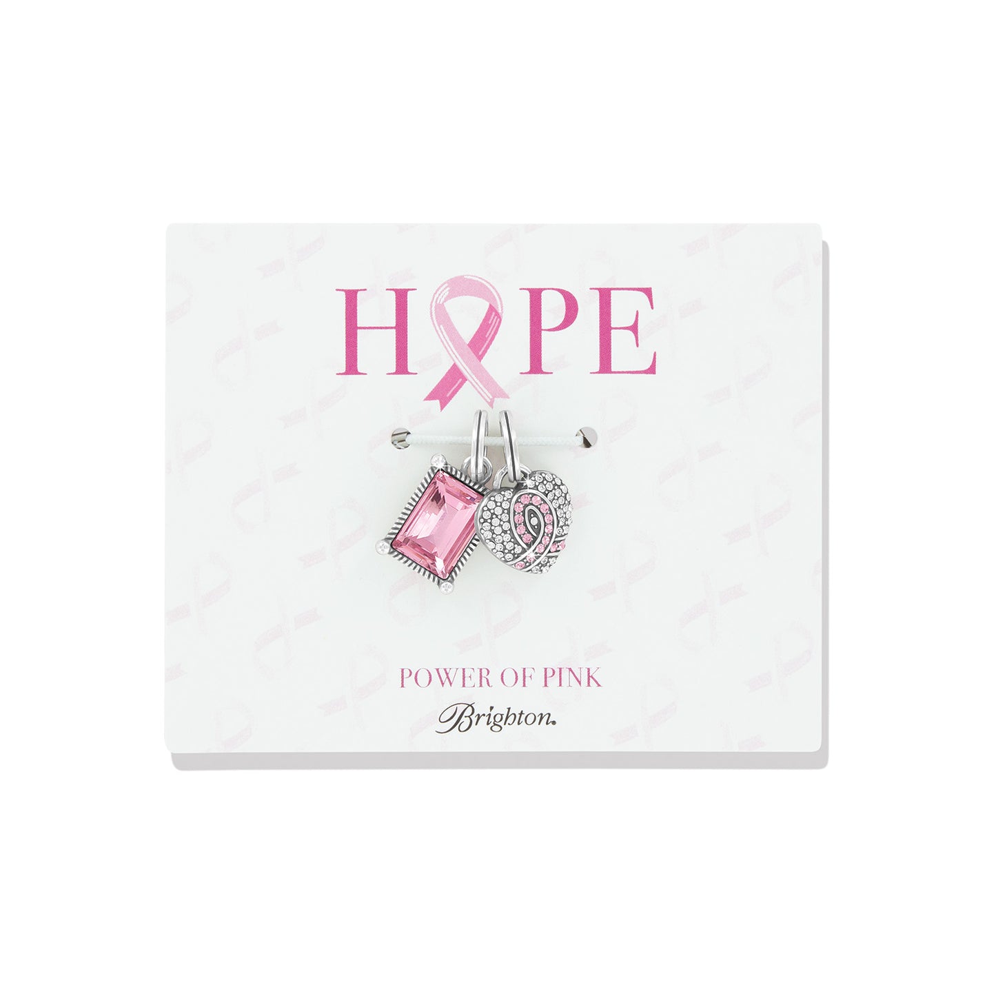 Brighton charm set with pink crystal rectangle and silver-plated crystal heart ribbon on Hope display card