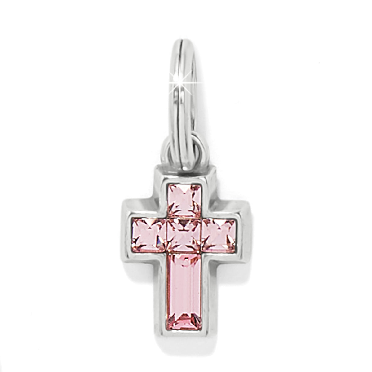 Brighton cross charm with pink crystals and silver-plated frame with jump ring on a white background
