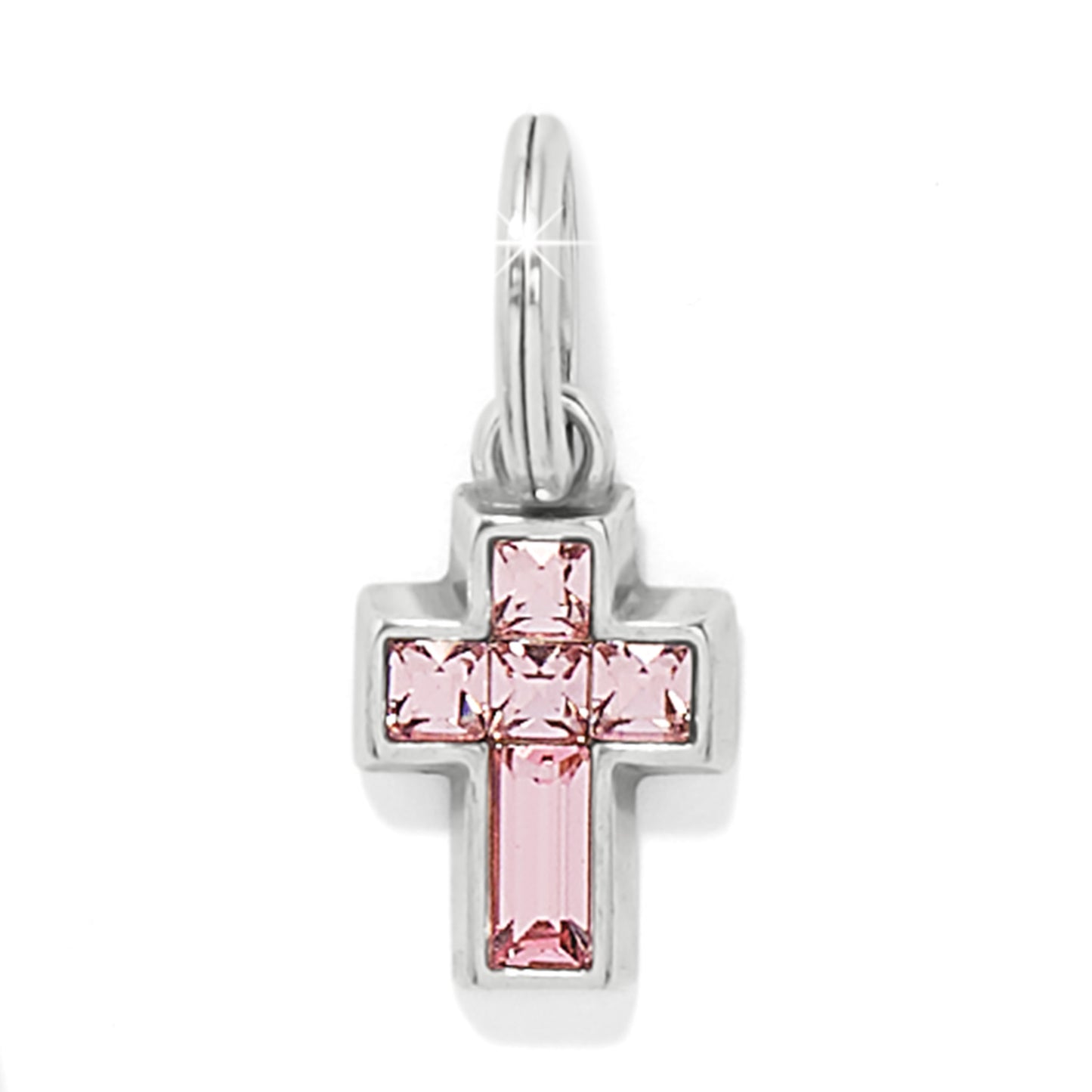 Brighton cross charm with pink crystals and silver-plated frame with jump ring on a white background
