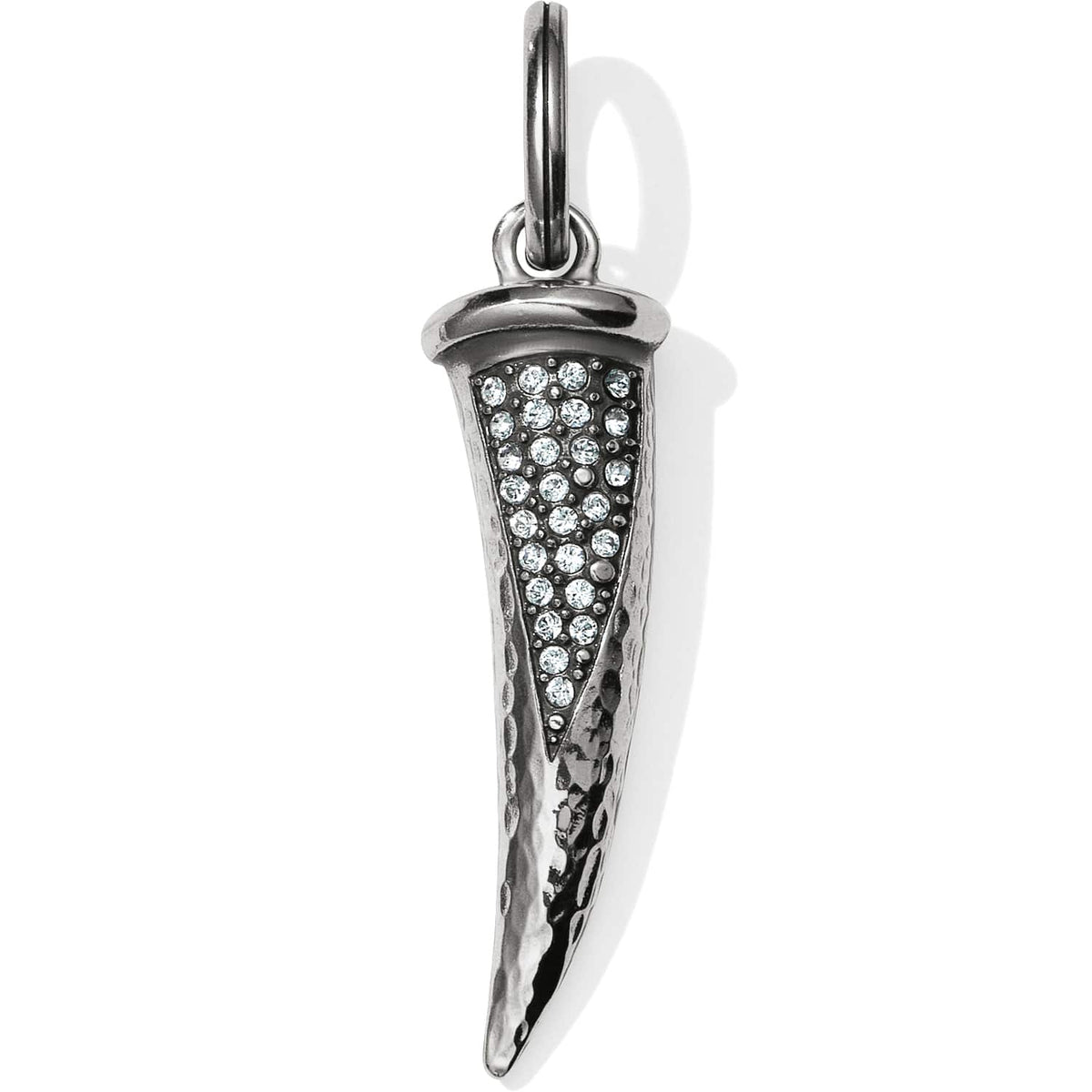 Brighton horn-shaped pendant charm with silver-plated hammered finish and pave crystal accents on a white background