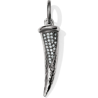 Brighton horn-shaped pendant charm with silver-plated hammered finish and pave crystal accents on a white background
