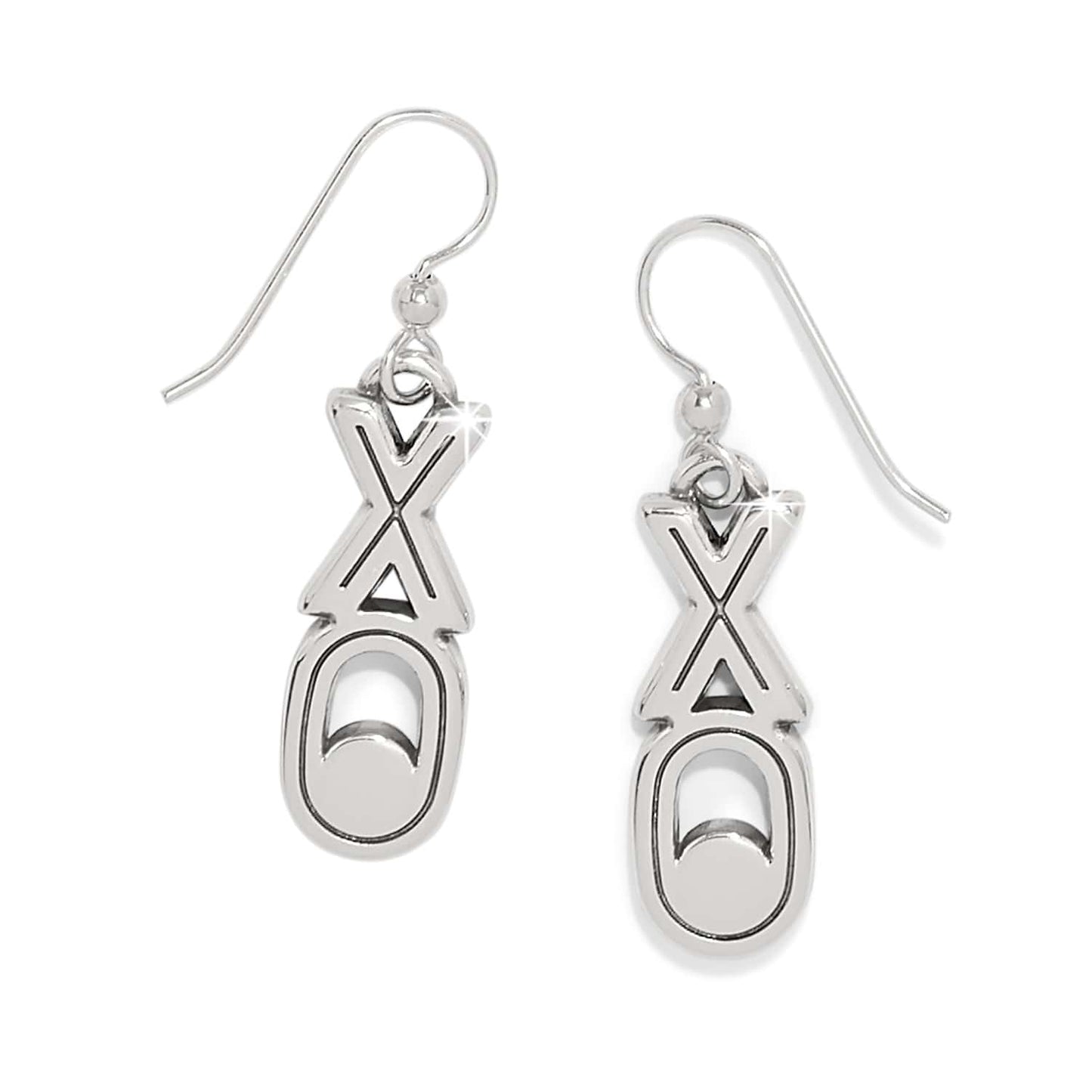 Brighton drop earrings with silver-plated XO design on French hook wires shown on a white background