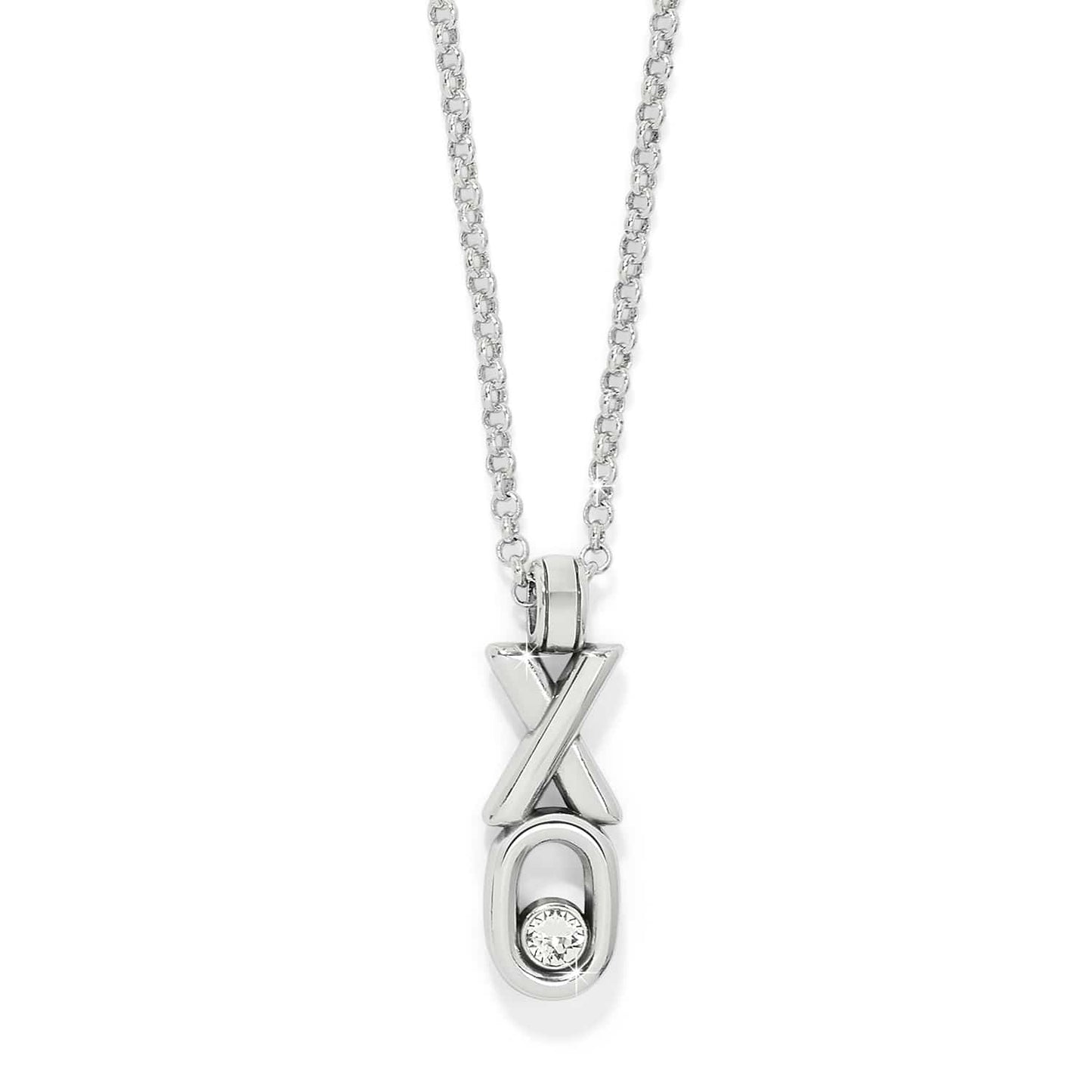 Brighton XO pendant necklace with silver-plated finish and crystal accent on rolo chain on a white background