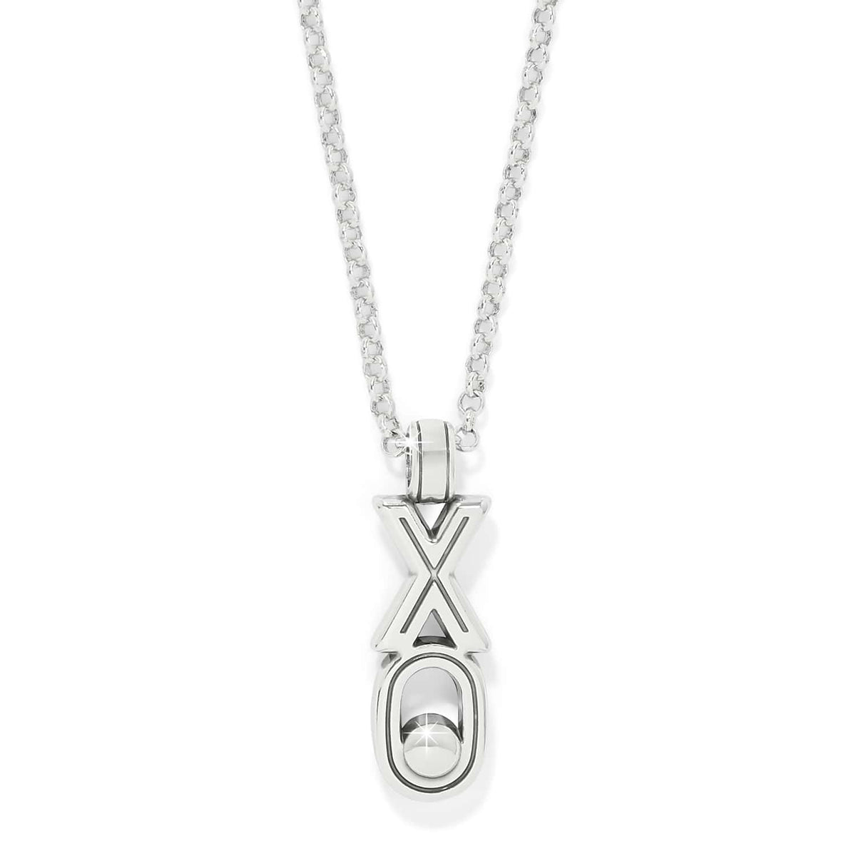 Brighton XO pendant necklace with silver-plated chain and stacked X and O charm design on a white background